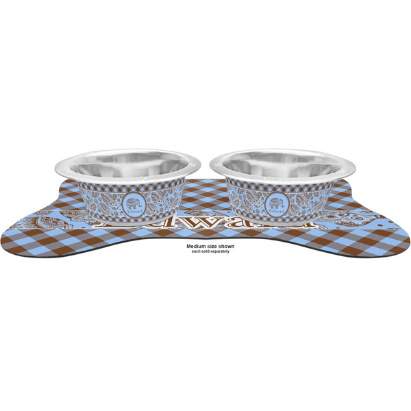 Gingham & Elephants Metal Pet Bowls - On Dog Bone Shaped Mat