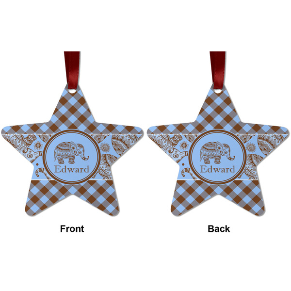 Gingham & Elephants Metal Star Ornament - Front and Back