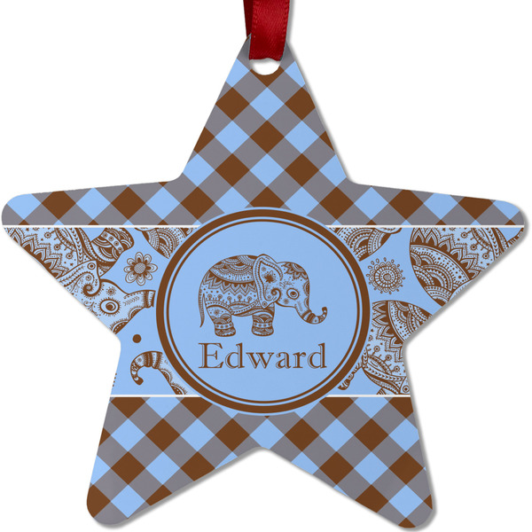 Custom Gingham & Elephants Metal Star Ornament - Double Sided w/ Name or Text