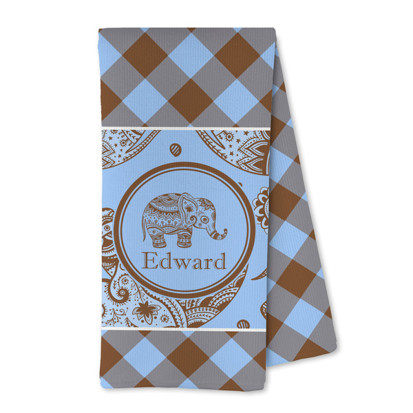 Custom Gingham & Elephants Kitchen Towel - Microfiber (Personalized)