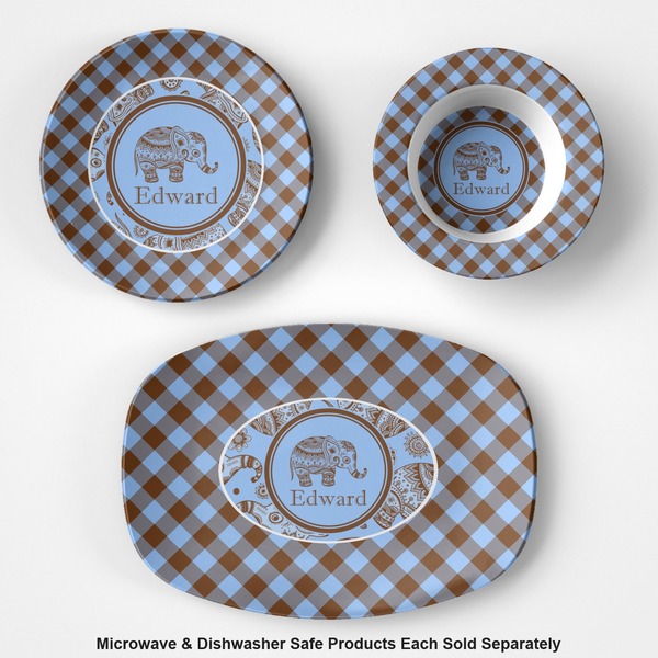 Gingham & Elephants Microwave & Dishwasher Safe CP Plastic Dishware - Group
