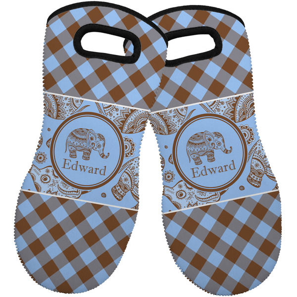 Gingham & Elephants Neoprene Oven Mitt -Set of 2 - Front