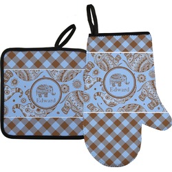 Gingham & Elephants Oven Mitt & Pot Holder Set w/ Name or Text