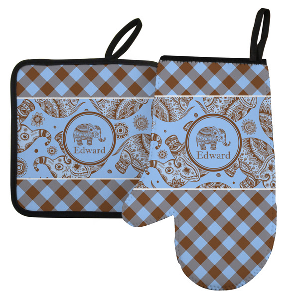 Custom Gingham & Elephants Left Oven Mitt & Pot Holder Set w/ Name or Text