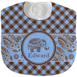 Gingham & Elephants Velour Baby Bib w/ Name or Text