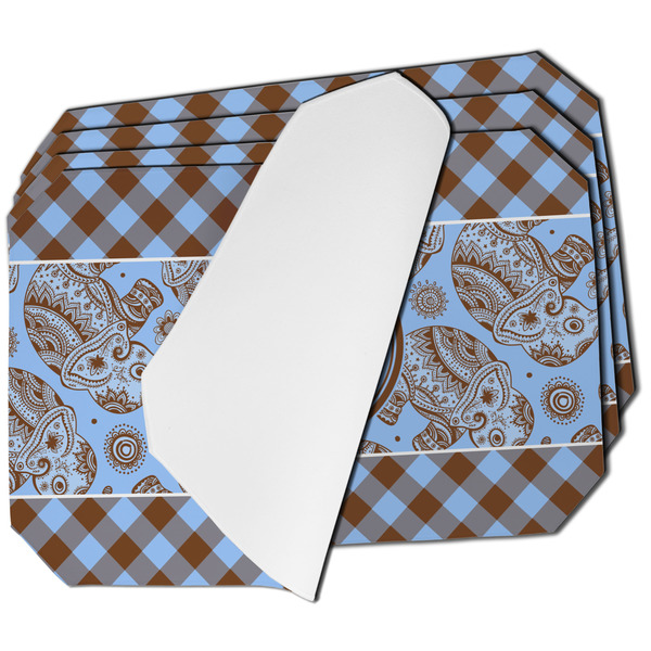 Custom Gingham & Elephants Dining Table Mat - Octagon - Set of 4 (Single-Sided) w/ Name or Text