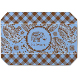 Gingham & Elephants Dining Table Mat - Octagon (Single-Sided) w/ Name or Text