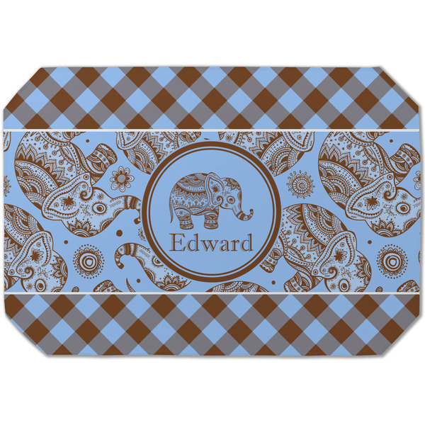 Custom Gingham & Elephants Dining Table Mat - Octagon (Single-Sided) w/ Name or Text