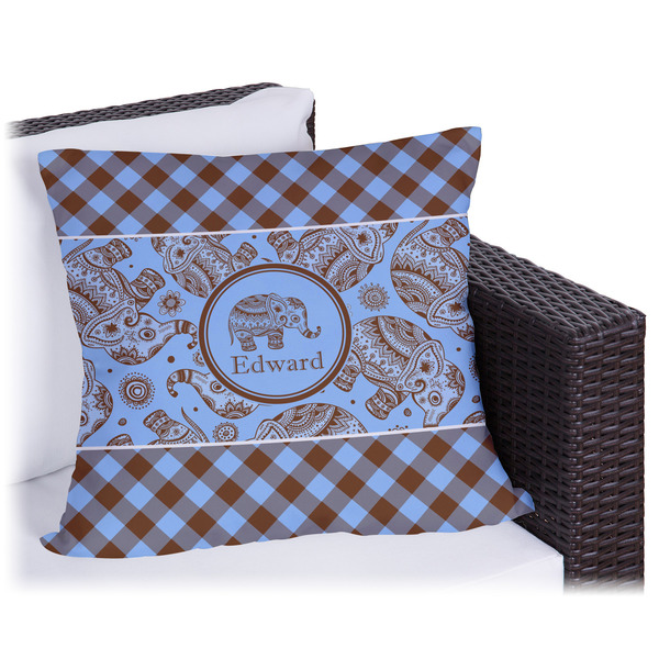 Custom Gingham & Elephants Outdoor Pillow (Personalized)