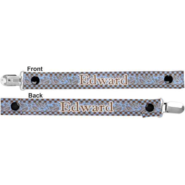 Gingham & Elephants Pacifier Clip - Front and Back