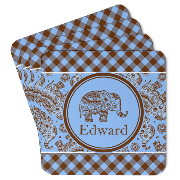 Custom Gingham & Elephants Paper Coasters w/ Name or Text