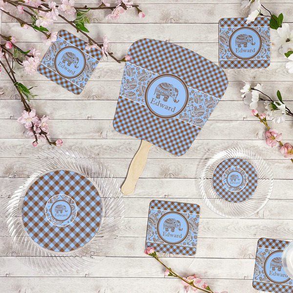 Gingham & Elephants Party Supplies Combination Image - All items - Plates, Coasters, Fans