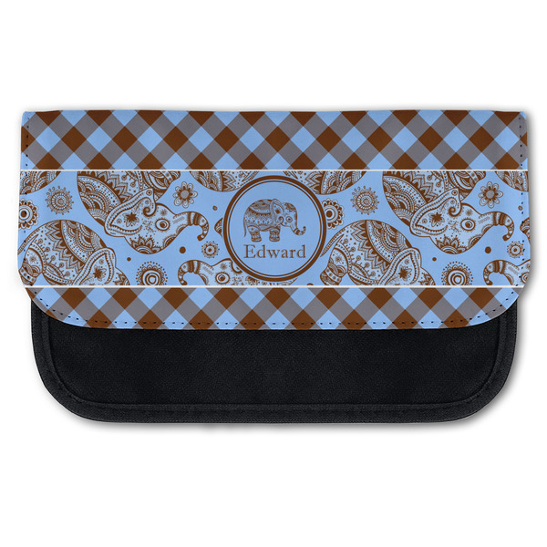 Custom Gingham & Elephants Canvas Pencil Case w/ Name or Text