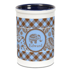 Gingham & Elephants Ceramic Pencil Holders - Blue