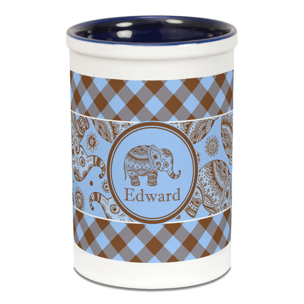 Gingham & Elephants Pencil Holder - Blue