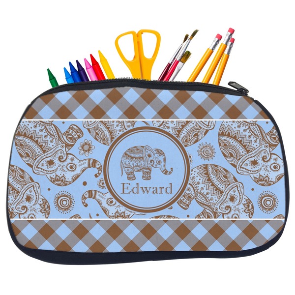 Custom Gingham & Elephants Neoprene Pencil Case - Medium w/ Name or Text