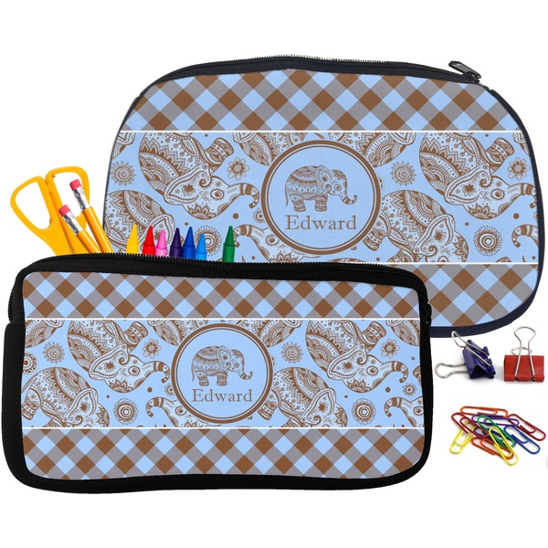 Gingham & Elephants Pencil / School Supplies Bags Small and Medium