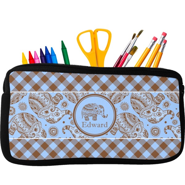 Custom Gingham & Elephants Neoprene Pencil Case - Small w/ Name or Text
