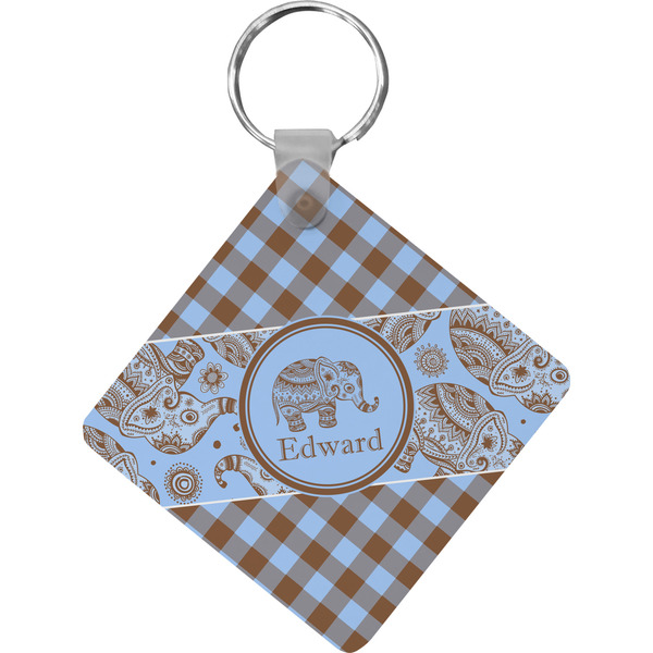 Custom Gingham & Elephants Diamond Plastic Keychain w/ Name or Text