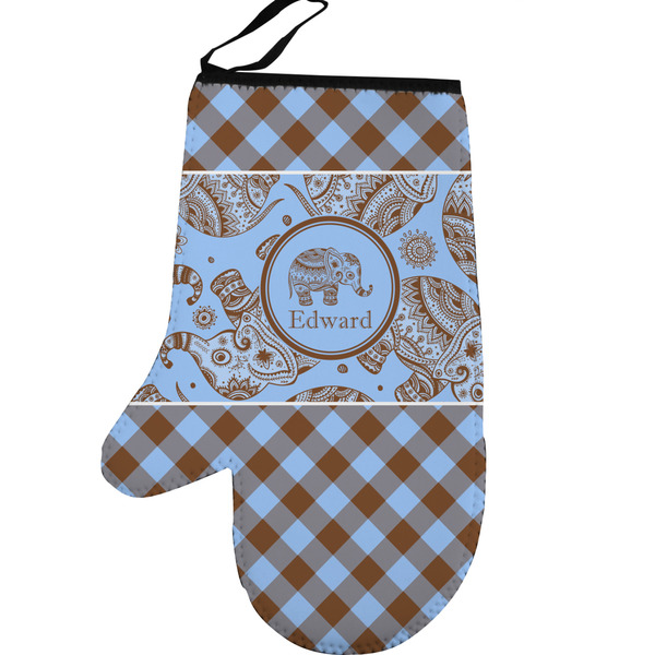 Gingham & Elephants Personalized Oven Mitt - Left