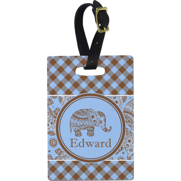 Custom Gingham & Elephants Plastic Luggage Tag - Rectangular w/ Name or Text