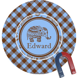 Gingham & Elephants Round Fridge Magnet (Personalized)