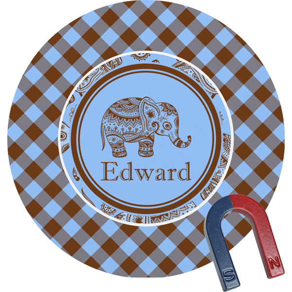 Custom Gingham & Elephants Round Fridge Magnet (Personalized)