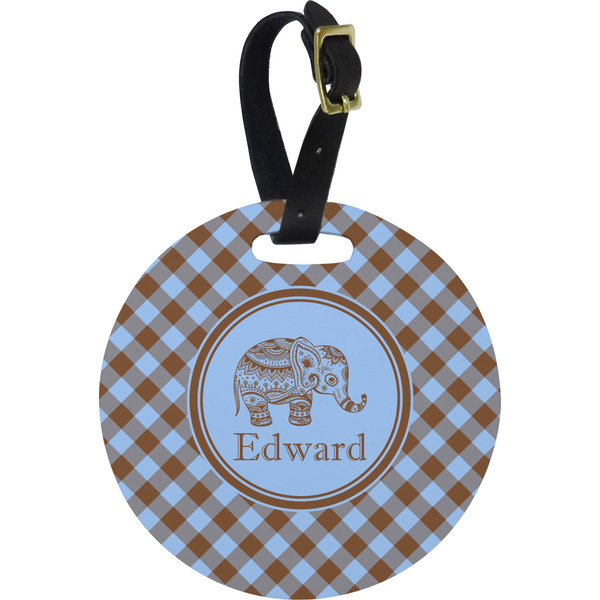 Custom Gingham & Elephants Plastic Luggage Tag - Round (Personalized)