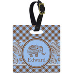 Gingham & Elephants Plastic Luggage Tag - Square w/ Name or Text