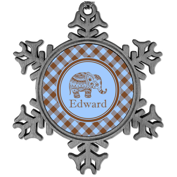 Custom Gingham & Elephants Vintage Snowflake Ornament (Personalized)
