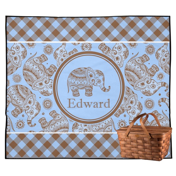 Custom Gingham & Elephants Outdoor Picnic Blanket (Personalized)