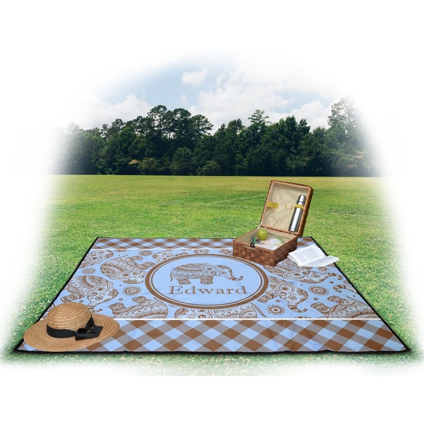 Gingham & Elephants Picnic Blanket - with Basket Hat and Book - in Use