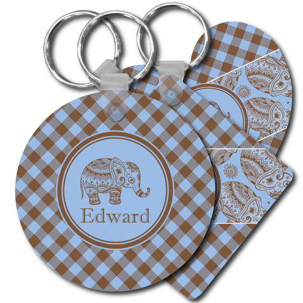Custom Gingham & Elephants Plastic Keychain (Personalized)