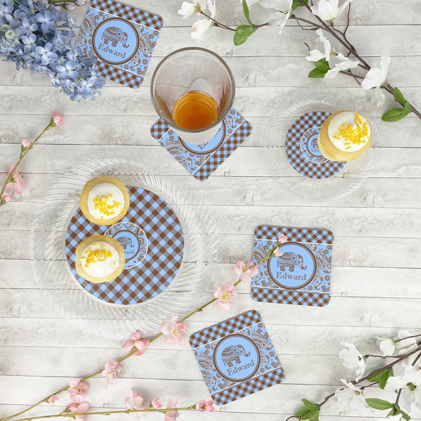 Gingham & Elephants Plastic Party Appetizer & Dessert Plates - In Context