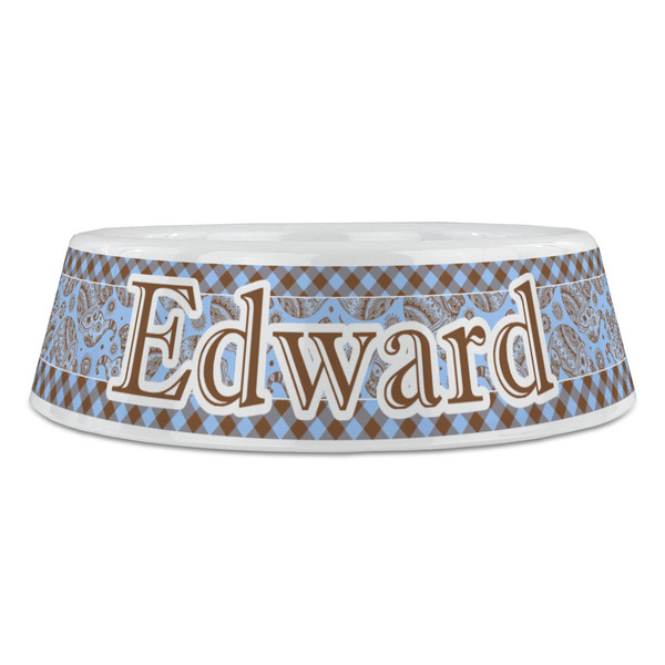 Gingham & Elephants Plastic Pet Bowls - Large - FRONT