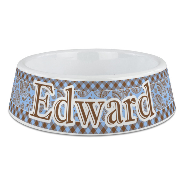 Custom Gingham & Elephants Plastic Dog Bowl - Large (Personalized)