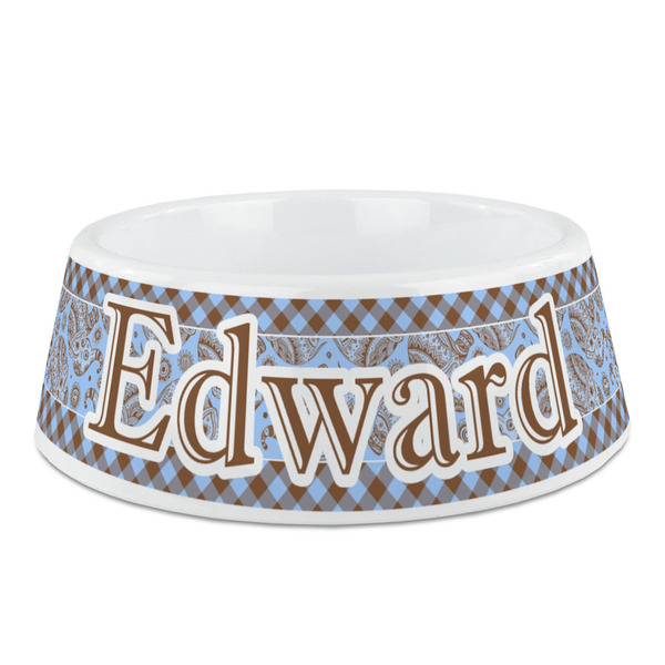 Custom Gingham & Elephants Plastic Dog Bowl - Medium (Personalized)