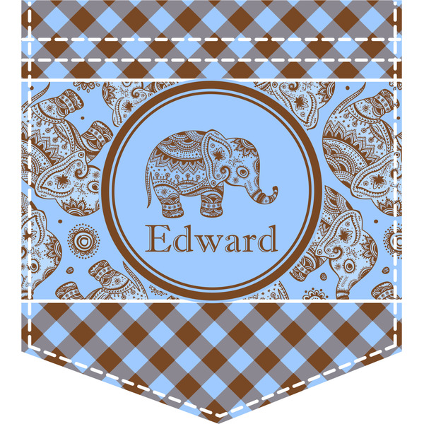 Custom Gingham & Elephants Iron On Faux Pocket (Personalized)