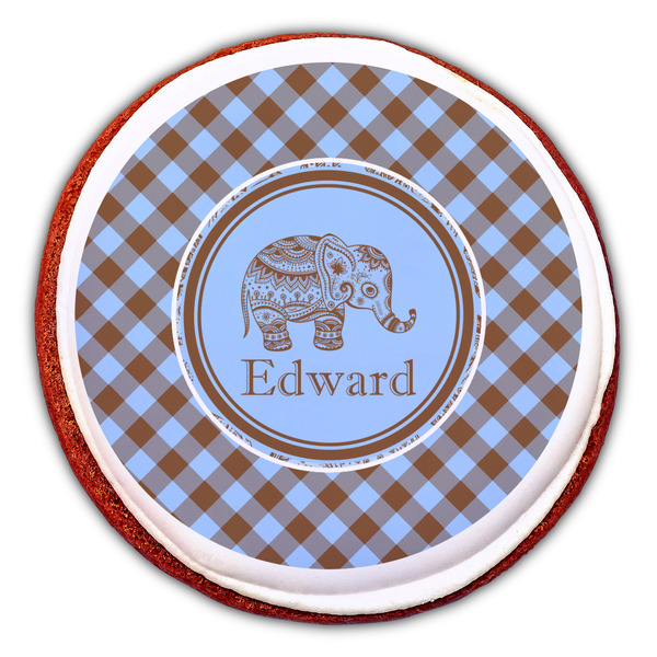 Gingham & Elephants Printed Icing Circle - Large - On Cookie