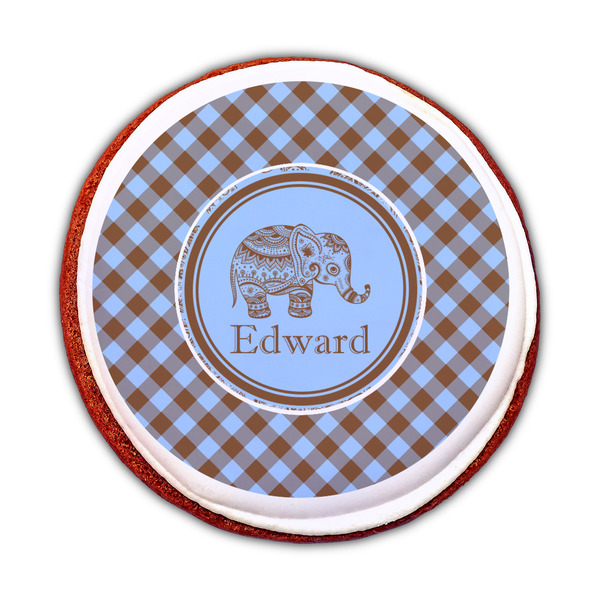 Gingham & Elephants Printed Icing Circle - Medium - On Cookie