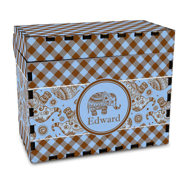 Custom Gingham & Elephants Wood Recipe Box - Full Color Print (Personalized)