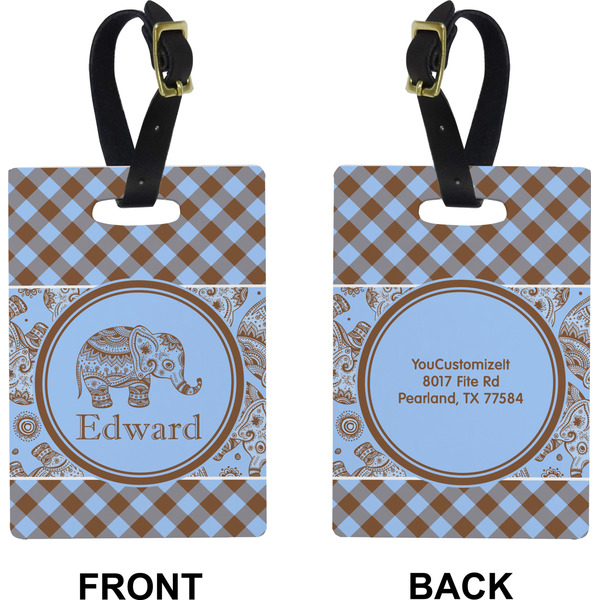 Gingham & Elephants Rectangle Luggage Tag (Front + Back)