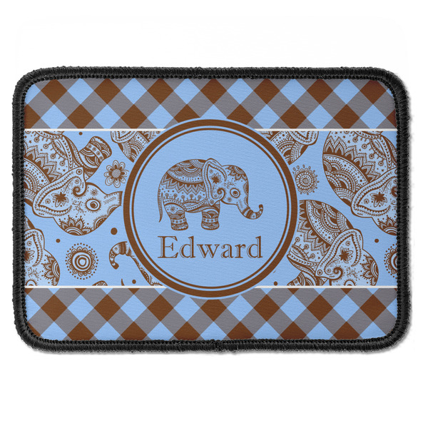 Custom Gingham & Elephants Iron On Rectangle Patch w/ Name or Text