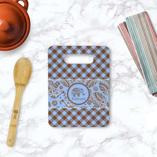 Gingham & Elephants Rectangle Trivet with Handle - LIFESTYLE