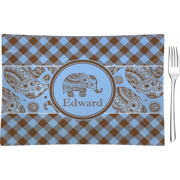 Custom Gingham & Elephants Rectangular Glass Appetizer / Dessert Plate - Single or Set (Personalized)
