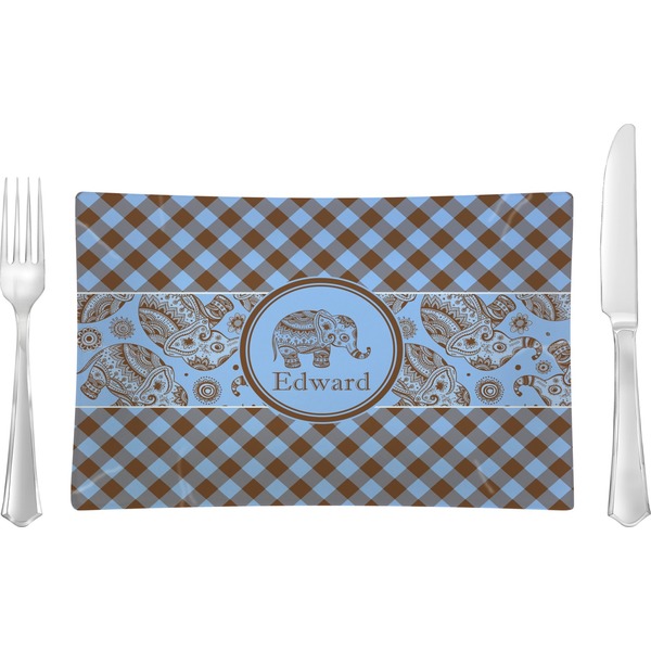 Custom Gingham & Elephants Rectangular Glass Lunch / Dinner Plate - Single or Set (Personalized)