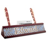 Gingham & Elephants Red Mahogany Nameplate with Business Card Holder (Personalized)