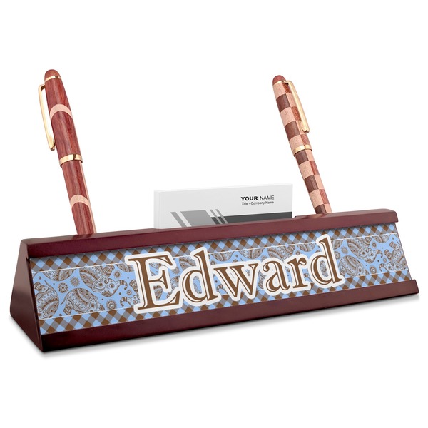 Custom Gingham & Elephants Red Mahogany Nameplate with Business Card Holder (Personalized)