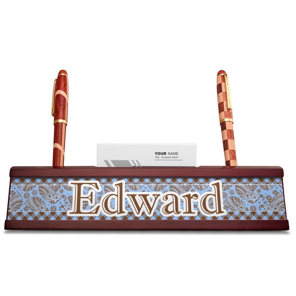 Gingham & Elephants Red Mahogany Nameplates with Business Card Holder - Straight