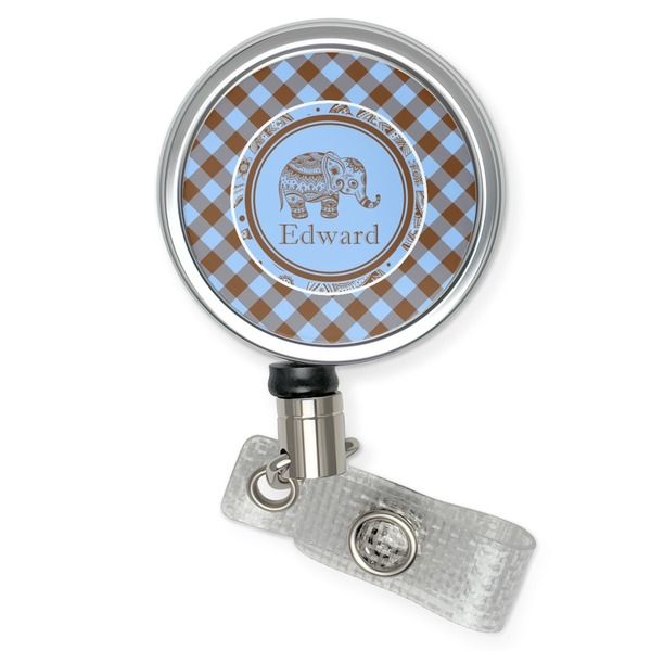Custom Gingham & Elephants Retractable Badge Reel (Personalized)